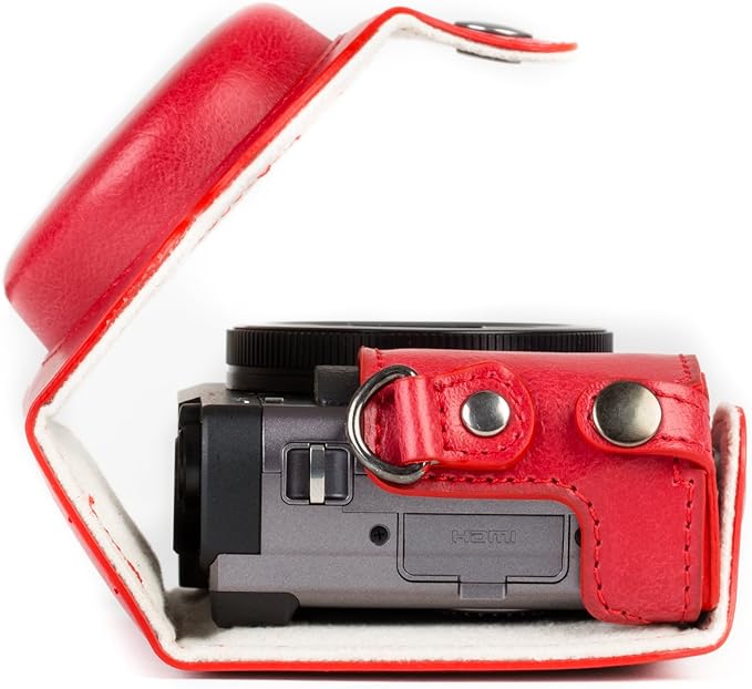 MegaGear MG1262 Ever Ready Leather Camera Case compatible with Panasonic Lumix DC-ZS80, DC-ZS70, DC-TZ95, DC-TZ90 - Red