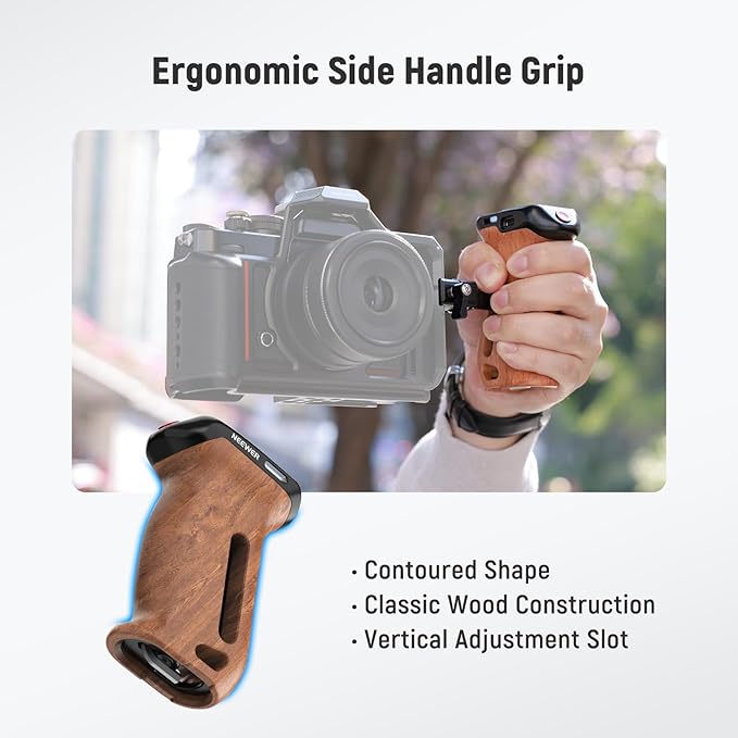 NEEWER Wooden Side Handle with Record Start/Stop Remote Trigger NATO Clamp 1/4" & 3/8" Threads Vertical Adjustment 22lb Load Compatible with SmallRig Camera Cage Sony Fujifilm Panasonic, CA123