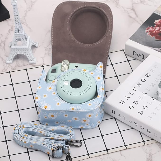 Frankmate Protective Case Compatible with Fujifilm Instax Mini 12 11 9 8 Instant Film Camera with Pocket and Adjustable Strap (Blue Daisy)