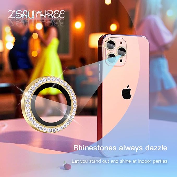 Bling Camera Lens Protector for iPhone 16 Pro/16 Pro Max,9H Tempered Glass HD Clear,Diamond Golden Aluminum Alloy Ring,Scratch Resistant(Diamond Golden)