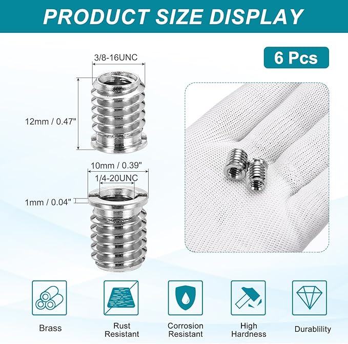 PATIKIL 6pcs 1/4" Female to 3/8" Male Thread Reducing Adapter Tripod Mount Screws Carbon Steel Adapter for Tripod Monopod of Camera Silver