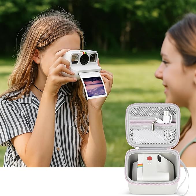 ANKHOH Digital Camera Case for Polaroid Go Generation 2 Gen 2/9035/9071/9070 Instant Mini Camera, Instax Film Cameras Storage with Mesh Pocket for Photo, Stickers (Box Only) (White-purple)