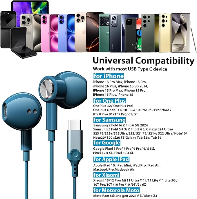 USB C Headphones with Microphone for iPhone 17 Pro Max 17e 16e 16 15 Plus,Type-C Headphones for Google Pixel 10a Wired Earbuds Magnetic Sport Earphone for iPad/OnePlus 15/Samsung S26 S25 Flip 6 Fold 7