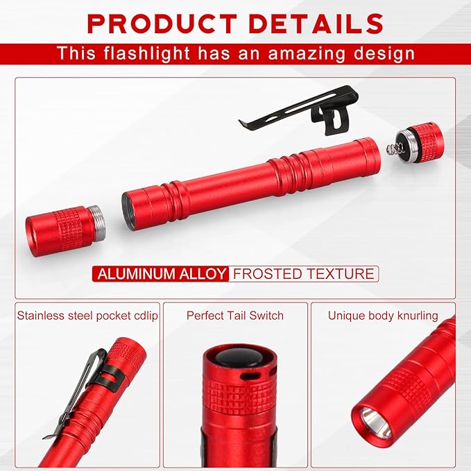Hortsun 20 Pcs Mini Pen Light Flashlights Christmas Gifts for Men Pocket Flashlights Pen with Clip Small LED Handheld Slim Torches Without Battery(5.12 Inch,Red)