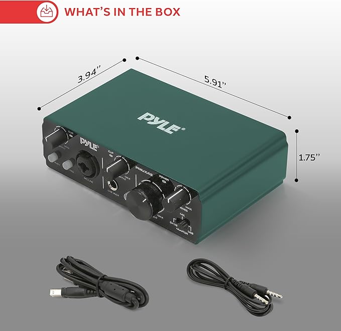 Pyle USB Audio Interface for Recording Music, Podcasting, and Streaming – 2-IN/2-OUT, 24bit/192kHz, Low-Noise, High-Fidelity Studio Quality, USB Powered, Rugged Metal Chassis, 5.9" x 4" x 1.8"