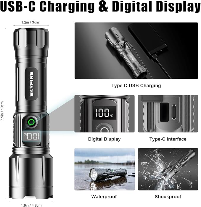 SKYFIRE Rechargeable Flashlights High Lumens with Ignition Lens&White Yellow Blue Light,5000mAh Super Bright Flashlight with 5 Modes& Zoomable,Tactical LED Flash Light for Outdoor,Home& Gift