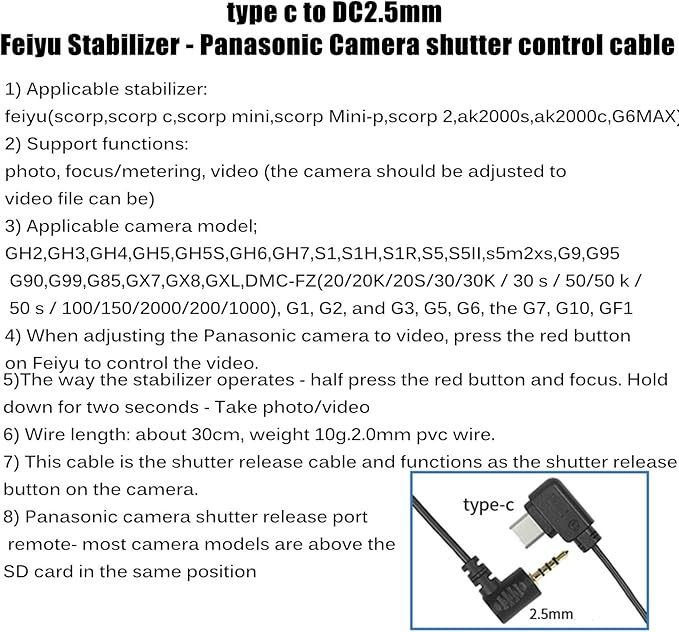 Feiyu Technology Stabilizer Connects Camera Control Data Cable Shutter Release Cable for lumixgh GH3,GH4,GH5,GH5S,GH6,GH7,S1,S1H,S5,S5II,s5m2xs,G9,G95 scorp/2/ c/min/Mni-P/ak2000c (FY-L1)
