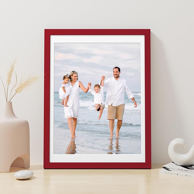 Vittanly 12x16 Picture Frame, Made of Solid Wood and Shatterproof Plexiglass, Display Pictures 11x14 with Mat or 12x16 without Mat, Wooden Photo Frame for Wall Mounting, Red, 1 Pack