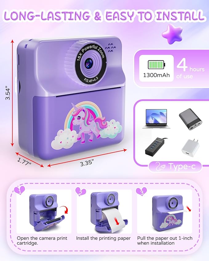Instant Print Camera for Kids, Digital Selfie Cameras with Carry Case & 5-Color Paper, Portable Toddler Toy Christmas Birthday Gifts for 3 4 5 6 7 8 9 10 11 12 Year Old Girls - Purple