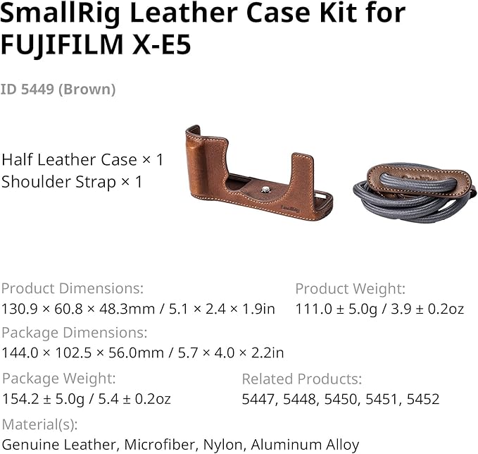 SMALLRIG X-E5 Leather Case Kit for FUJIFILM X-E5, Vintage Half-Body Case with Shoulder Strap, Genuine Leather Material（Brown）- 5449