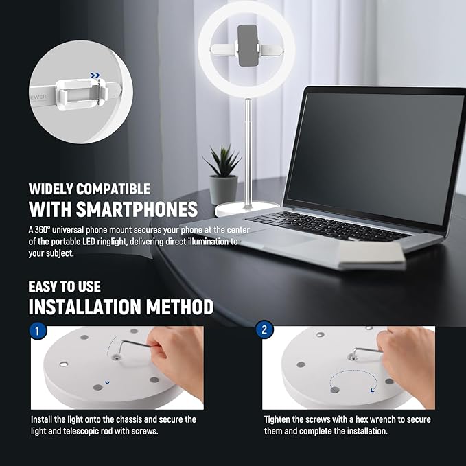 NEEWER Entry Level Version 10" 7W LED Selfie Ring Light with Desk Stand/Phone Holder/3 Modes, CRI85+ 3000mAh Rechargeable Video Conference Lighting for iPhone Streaming Video Recording Makeup, N17