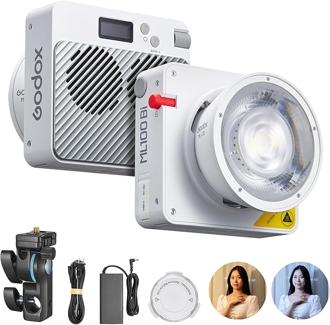 Godox ML100Bi 100W Portable LED Video Light,CRI 97+/TLCI 98+,0%-100% Brightness& Bi-Color COB Continuous Output Lighting 2800-6500K,11 FX Lighting Effects,App Control Mini Photography Light