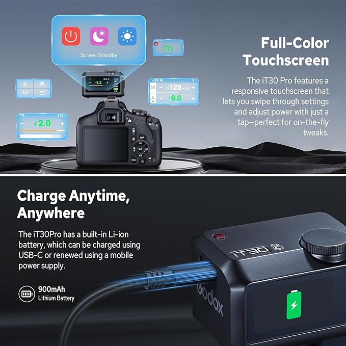 Godox iT30Pro C iT30Pro-C Flash for Canon, 2.4G Mini Canon Flash HSS 1/8000s, 560 Full Power Flashes, TTL Auto-Exposure, 2.8" Full-Color Touchscreen, Built-in Diffuser and Lithium Battery(Black)