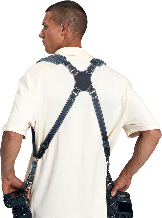 Padwa Lifestyle Dark Green Dual Camera Harness Strap for Two Cameras - Double Shoulder Full Grain Leather Harness,Multi Double Camera Gear with Thick Padded,Double Camera Harness for Photographers