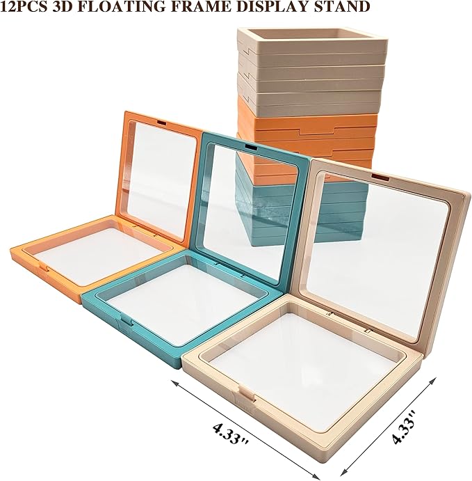 12PCS 3D Floating Frame Display Stand, Jewelry Box, Gift Box, Ornament Organizer, Small Travel Jewelry Box, PE Film Anti-Oxidation, Suspended Display Box Stackable (4.33 * 4.33, Type 4)