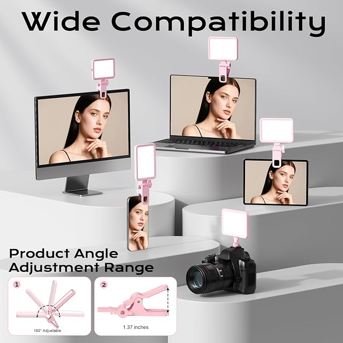 Rechargeable Soft Selfie Light for Phone, Camera, Laptop, 4-14H Battery Portable LED Light for Pictures, Phone Light Clip for Selfie, Vlog, TikTok, Makeup, Video Conference Pink