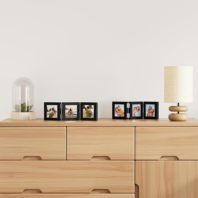 decorUhome Triple 4x4 Picture Frame Vertical, Engineered Wood Trifold Photo Frame with Plexiglass for Tabletop Display, 4x4, Black