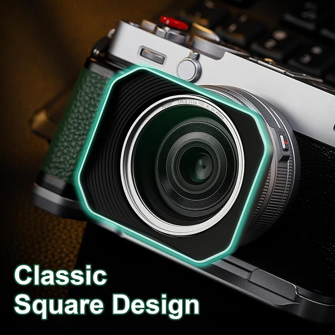 Haoge Squaret Metal Lens Hood for Fujifilm XF23mm F2.8 on XE5 Cemera Body kit & Fujinon XF27mmF2.8 R WR Lense,with Metal Cap,39mm Screw-in Hood Silver