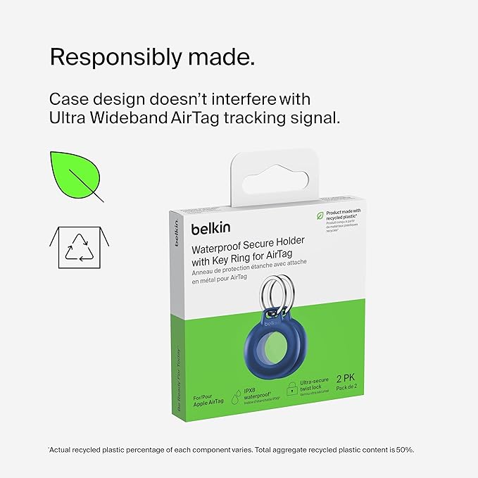 Belkin Waterproof Apple AirTag Secure Holder with Key Ring - Durable Scratch-Resistant AirTag Case, Protective Keychain Accessory for Keys, Pets, Luggage, Backpacks, and More - Blue (2-Pack)