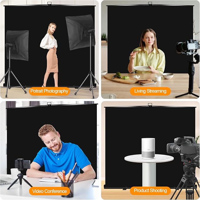 FUDESY 78.7 x 93in Large Collapsible Black Backdrop Screen, Portable Retractable Pull Up Panel Wrinkle-Resistant Photo Background for Streaming, Video Conference, Photographic Studio