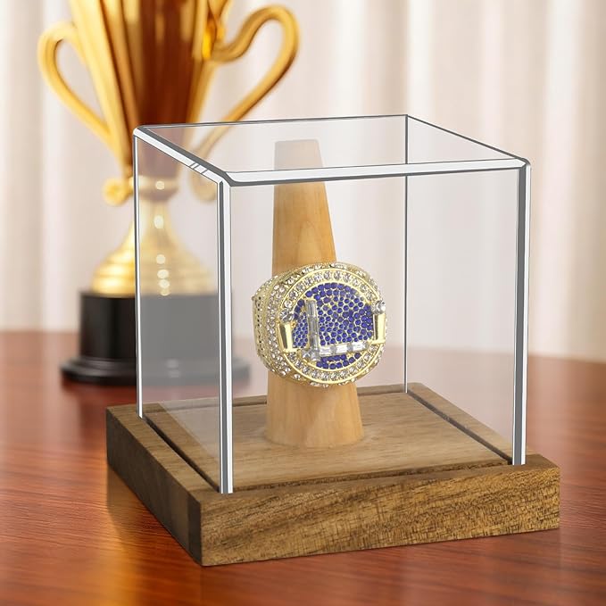 Hooqict Championship Ring Display Case Clear Acrylic Ring Case Display Box UV Protected with Wood Base Stand for Sports Baseball Basketball Softball Football Single Ring Holder Coin Stand