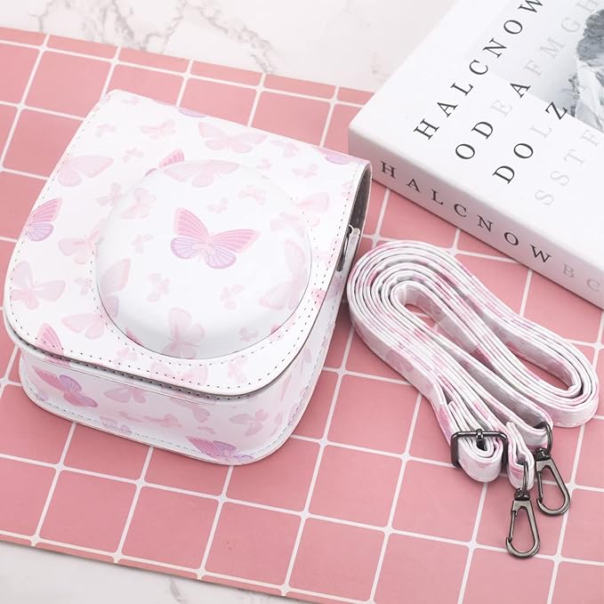 Frankmate Protective Case Fit for Fujifilm Instax Mini 12 11 9 8 Camera, PU Leather Camera Bag with Pocket and Adjustable Shoulder Strap (White Pink Butterfly)
