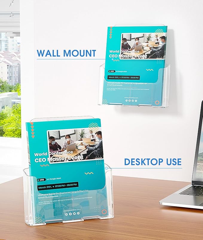 KTRIO Acrylic Brochure Holder 8.5 x 11 Clear Flyer Display Stand, Plastic Literature Holder for Trifold Brochures, Magazines, Menus, Pamphlets, Booklets, Documents, Desk or Wall Mount, 4 Pack