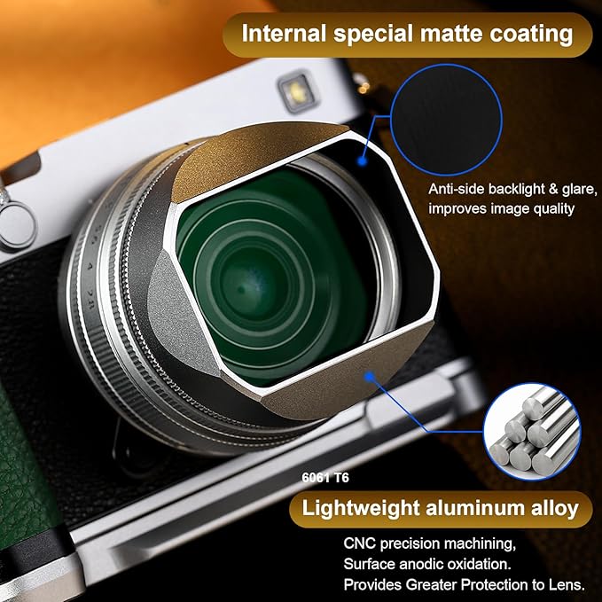 Haoge Squaret Metal Lens Hood for Fujifilm XF23mm F2.8 on XE5 Cemera Body kit Fujinon XF27mmF2.8 R WR Lense 39mm Screw-in Hood Silver,with Metal Cap