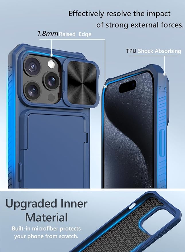 Vihibii for iPhone 15 Pro Wallet Case with Card Holder (4 Cards) & Slide Camera Lens Protective Cover & Kickstand, Heavy Duty Shockproof Rugged Durable Phone Case for iPhone 15 Pro 5G 6.1" 2023, Blue