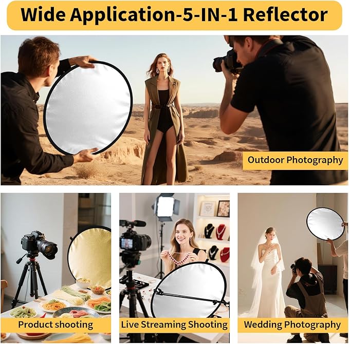 24/32/43/52in Light Reflectors for Photography with 5 in 1 Light Diffuser Panel &Bag,Photography Reflector Ideal for Content Creator Essentials&Photographer in Silver,Gold,White and Black