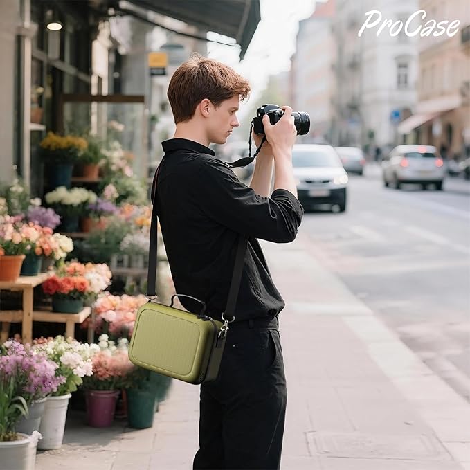 ProCase Hard Shell Camera Case for Canon Rebel T7/EOS R100/R50/DSLR/SLR/Nikon/Sony/Mirrorless Cameras, Soft Padded Digital Camera Travel Bag with 1 Shoulder Strap and 3 Adjustable Dividers -Green