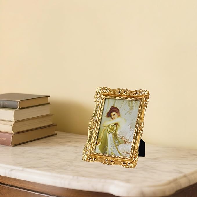 Funerom Vintage Picture Frames with Glass Front, Ornate Frame, Antique Photo Frames for Tabletop or Wall Hanging (Gold, 5X7 inch)
