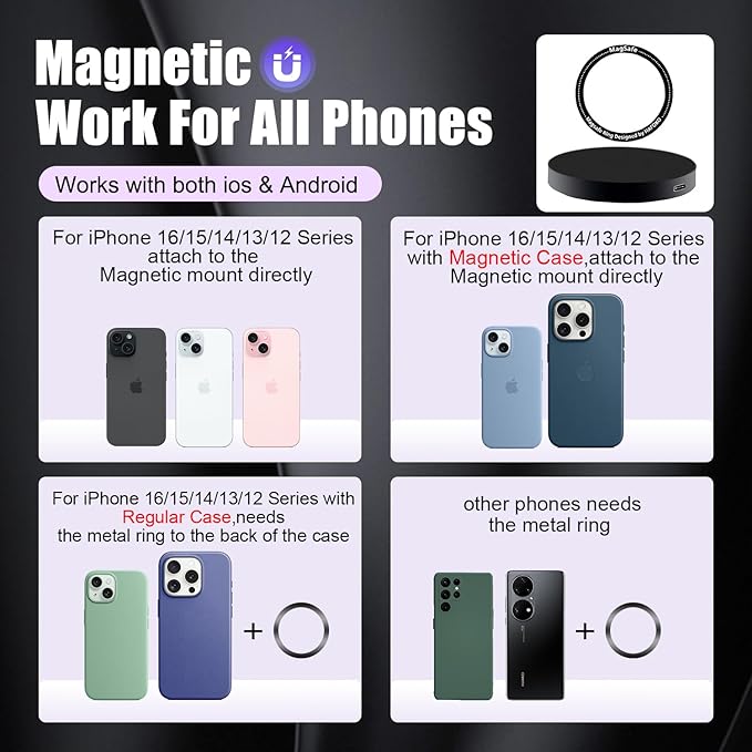 Magnetic Cell Phone Selfie Stick Tripod with 1/4" Magnetic Wireless Charging Mount Extendable Mini Desktop Smartphone Tripod compatibel for Magsafe iPhone 17/16/15/14/13/12 Pro Max