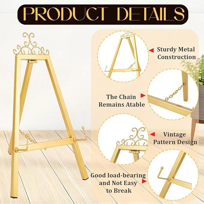 17'' Gold Tabletop Easel Stand for Sign, Metal Display Stand with Chain Support, Vintage Decor Art Easel for Display, Tabletop Picture Frame Stands for Home Wedding Photos Painting Artwork