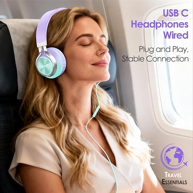 USB C Headphones Wired with Mic & Volume Control, Tangle-Free, Type C Over-Ear Headphones, Lightweight/Foldable Kids Headphones Wired Headphones USB C for iPad/Sports/School/Travel/iPhone 17/16/15