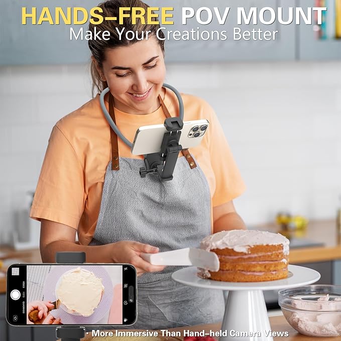 Beviliu Neck Phone Holder for Recording, Hands-Free POV/Vlog Neck Mount with Phone Clip & Chest Strap for Cooking/Fishing/Video Filming, Content Creator Phone Holder for iPhone Android Insta360