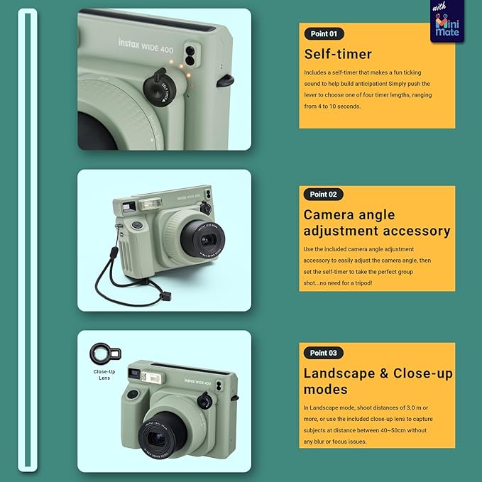 Fujifilm INSTAX Wide 400 Instant Camera Green + MiniMate Accessory Bundle & Compatible Custom Case + Fuji Film Value Pack 20 Sheets Accessories Bundle with Album