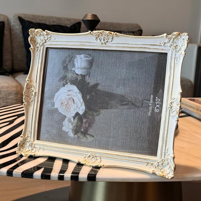 CISOO 8x10 Vintage Picture Frame, Antique Ornate White with Gold Photo Frame, for Table Top and Wall Display, Decorative Floral Design Retro Home Decor, Photo Gallery Art