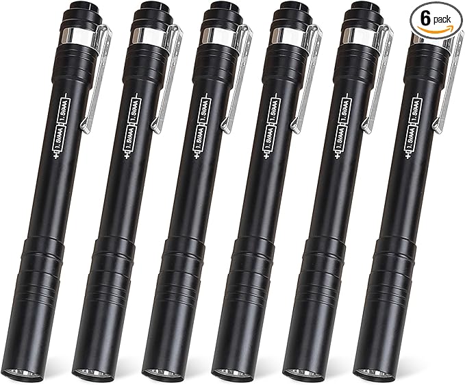 FASTPRO 6-Pack Pen Light, Aluminum LED Penlights with Batteries Included, Pocket Pen Flashlight with Clip for Inspections, Repairs, Camping and Emergencies, Black