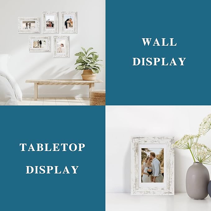 5x7 Picture Frame Set of 4, Made of Real Glass and Distressed White Wooden Frame, 5 by 7 Photo for Wall or Tabletop - Display Picture 4x6 with Mat or 5x7 Without Mat (Pack of 2)