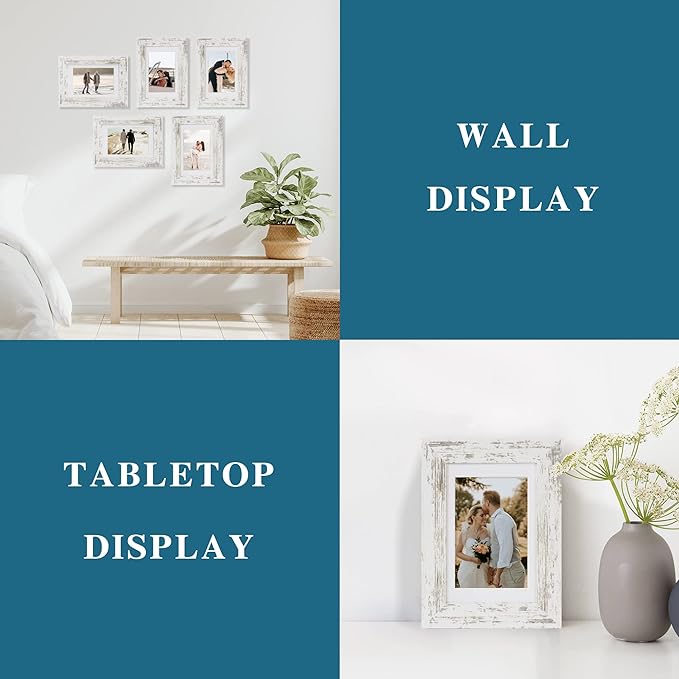 4x6 Picture Frame Set of 4, Made of Real Glass and Distressed White Wooden Frame, 4 by 6 Photo for Wall or Tabletop - Display Picture 3.5x5 with Mat or 4x6 Without Mat
