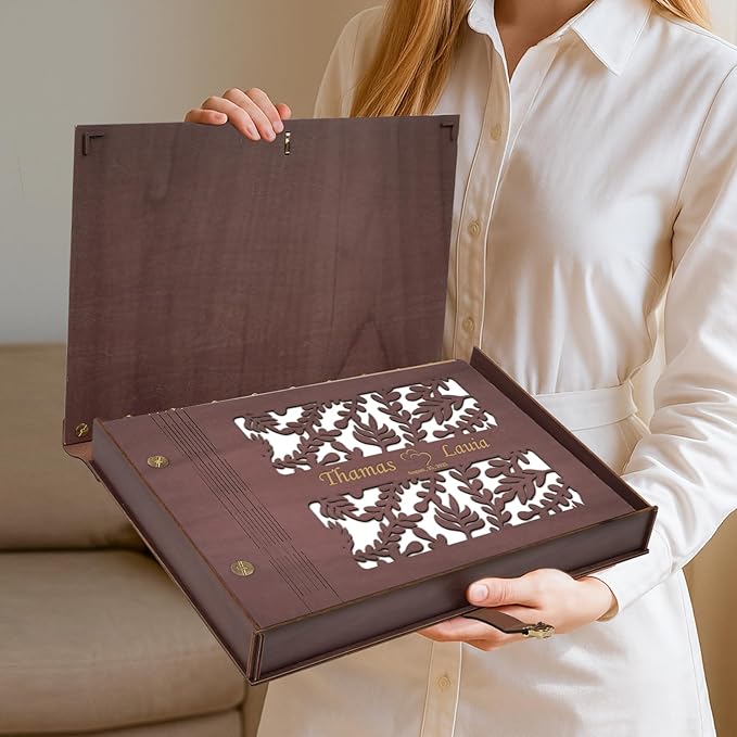 Custom Wedding Scrapbook Album, Personalized Wooden Wedding Photo Albums Carved Flowers and Engraved Names, Anniversary Memory Birthday Engagement Keepsake Gifts