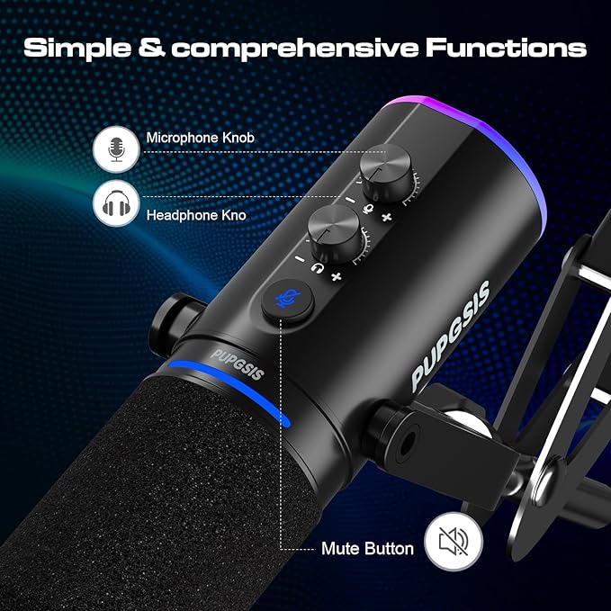 XLR/USB Podcast Microphone, Gaming Mic with Mute Button, Reverb Effects, Noise Cancellation, Boom Arm Stand, Headphones Jack, Dynamic Microphone for Streaming/Recording/Gaming/Vocal-Black