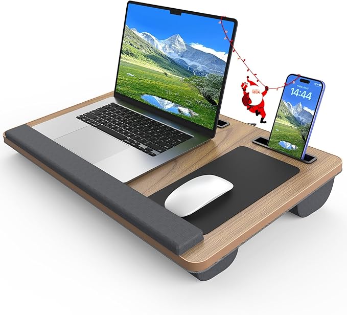 Laptop Lap Desk, Portable Large Laptop Desk for Bed, Up to 17 in Lap Table with Wrist Rest, Mouse Pad, Tablet Phone Slot, Portable Handle, Cushion (Dark Brown Woodgrain)