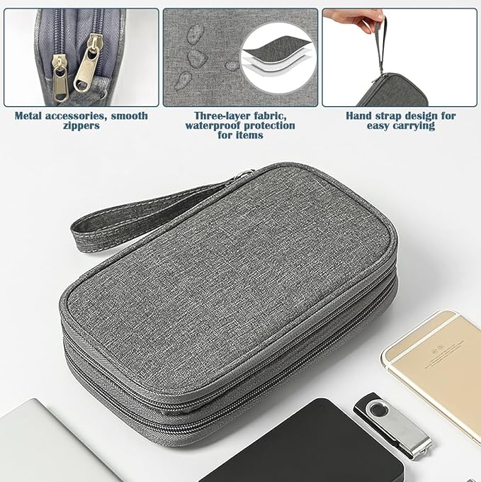 ULLiaN Electronics Travel Organizer Case, Double Layers Tech Pouch Accessories Cord Storage Bag with 2 PCS Data Silicone Ties Portable Cable Bags for Charger Phone Power Bank Sd Card Cables, Grey