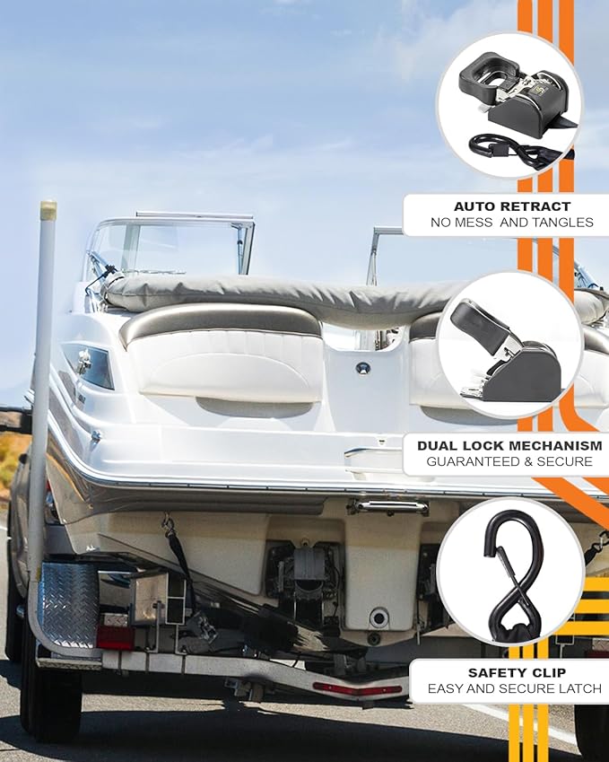 Strapinno 2PCS Stainless Steel Retractable Ratchet Straps (1 7/8 in x 4 ft) Transom Tie Downs for Boat Trailer - Extra Mounting Brackets & Bolt Set, Boat Accessories, Break Strength 1,650LB/750KG