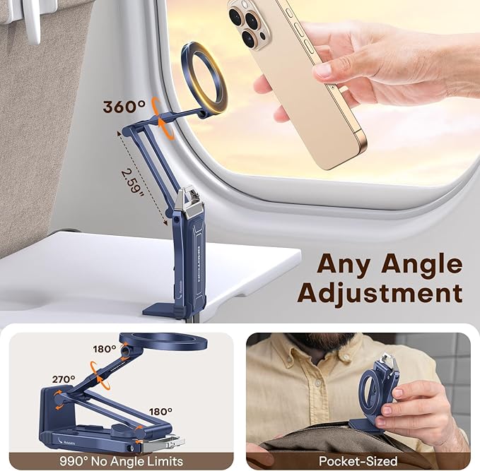 OMOTON 360°Rotating for MagSafe Tripod Mount, Adjustable Aluminum Magnetic Phone Tripod for iPhone 17/16/15/14 Pro Max Air, Foldable Cell Phone Stand Fits Vlog, Gym, Travel Essentials, Navy Blue