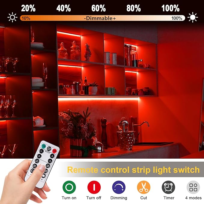 Red COB LED Strip Lights Battery Powered, 6.56FT 640LED Light Strip Wireless Dimmable Cuttable Flexible LED Lights with Remote for Boat, Cars Motorcycles, Computer, Party, TV Wall, DIY Decoration
