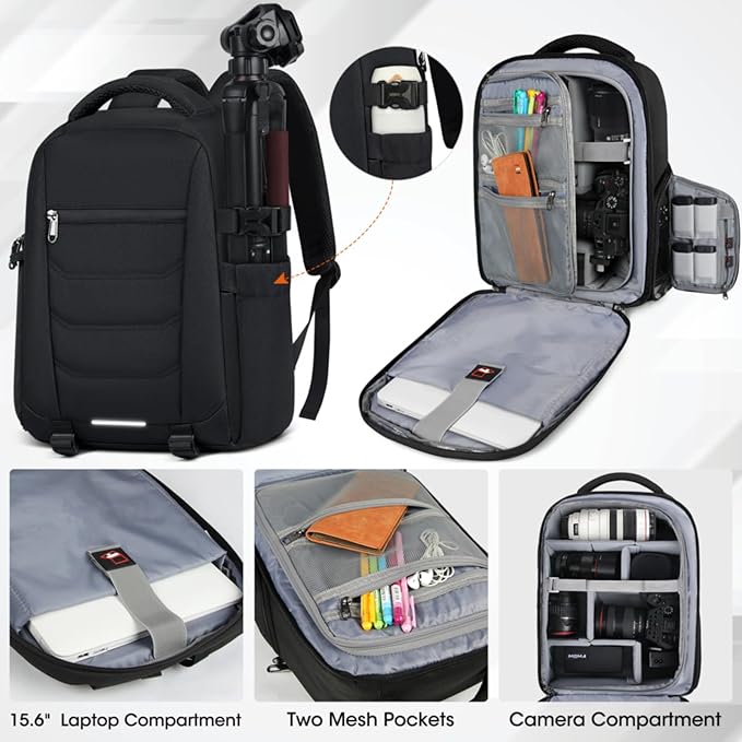 SDYSM Camera Bag Backpack Professional for DSLR SLR Mirrorless Camera Waterproof Laptop Back Pack 15.6 Inch with Rain Cover Anti Theft Travel Case Large Capacity Photography Backpack Black