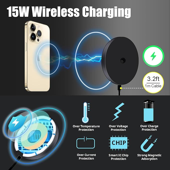 Magnetic Cell Phone Selfie Stick Tripod with 1/4" Magnetic Wireless Charging Mount Extendable Mini Desktop Smartphone Tripod compatibel for Magsafe iPhone 17/16/15/14/13/12 Pro Max